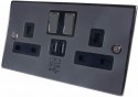 2 Way UK Mains Power Black Nickel Socket with USB Charging Ports Wall Plate